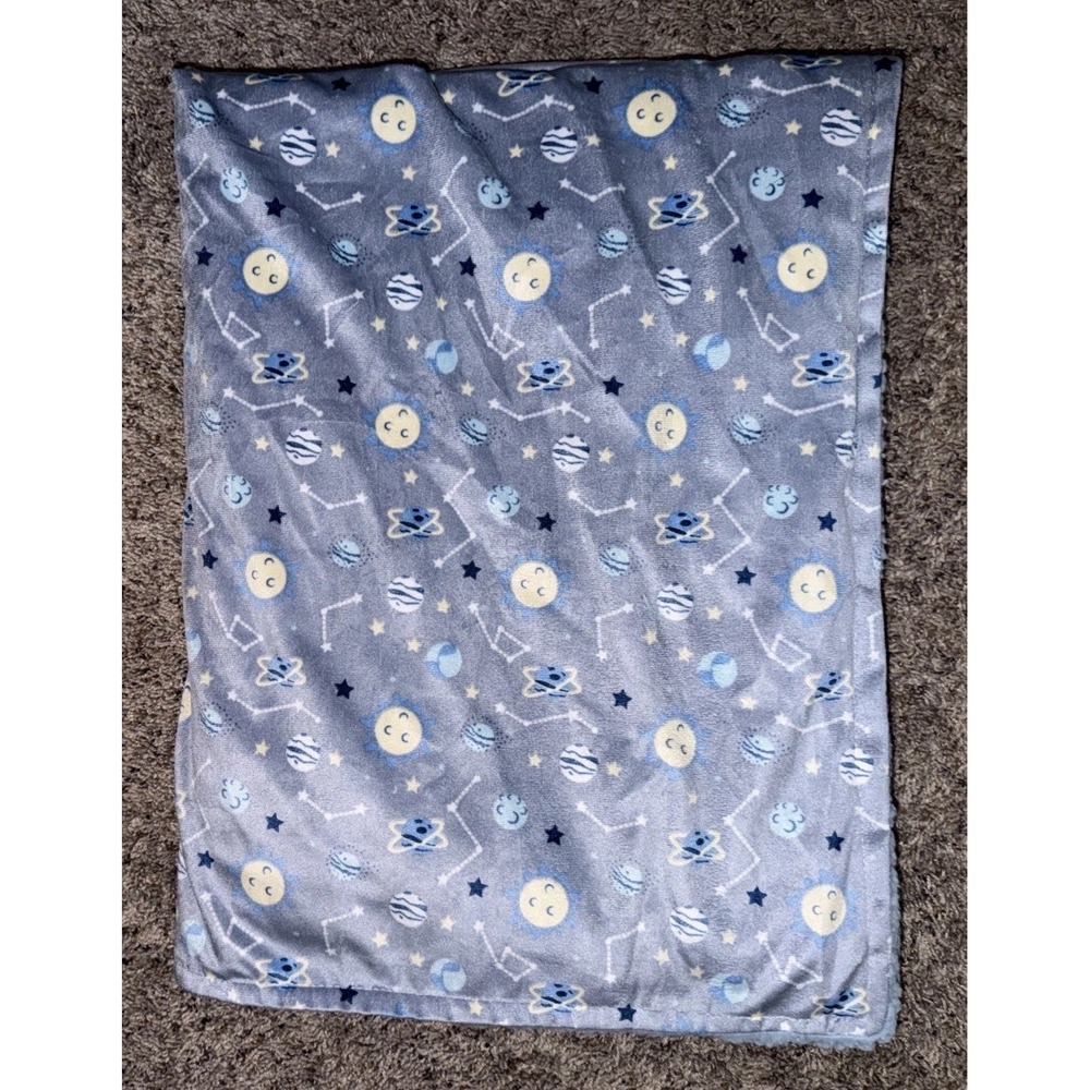 le bebe blue velour sherpa space baby blanket with moon lovey 30x40 Great Shape